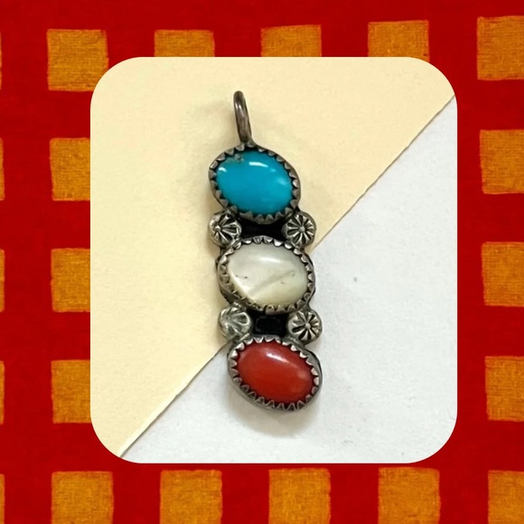 1980s vintage aztec silver turquoise red white stone necklace pendant - Picture 1 of 9